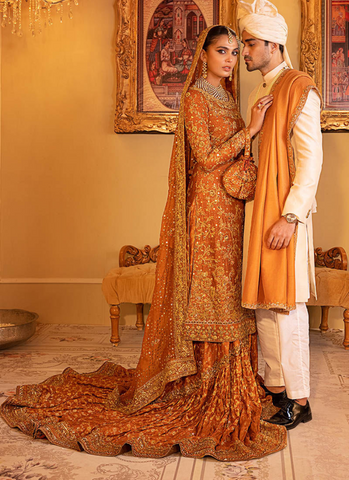 Burnt Orange Silk Khaddi Net Shirt with Jamawar Farshi Lengha and Organza Net Dupatta