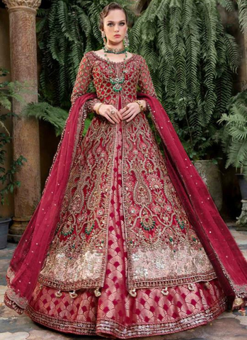 AISULTAN Royal Red Pakistani Bridal Outfit In Gown Lehenga Style