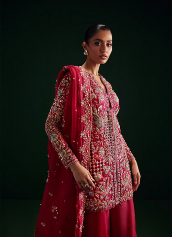 Crimson Rose Organza Short Jacket with Dabka & Seesha Floral Design