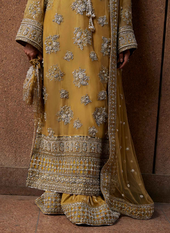 "Pastel Lime Yellow Cross-Stitch Floral Motif Ensemble with Velvet Palazzos and Embellished Net Dupatta"