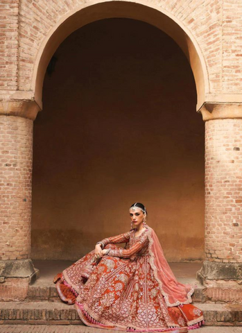 "Delicate Floral Rust Pishwas Ensemble with Screen Printed Sharara and Pink Scalloped Net Dupatta"