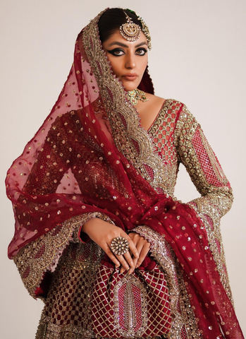 Berry Red Bridal Ensemble: Exquisite Organza Gown with Stain Lehenga and Embellished Dupatta