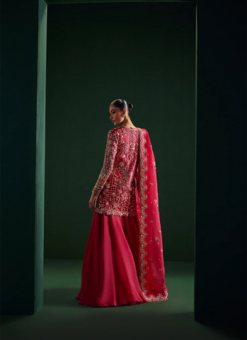 Crimson Rose Organza Short Jacket with Dabka & Seesha Floral Design