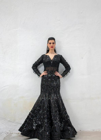 Black Attire with White Threadwork and Sequin Embellishments