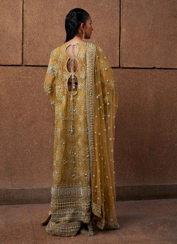 "Pastel Lime Yellow Cross-Stitch Floral Motif Ensemble with Velvet Palazzos and Embellished Net Dupatta"