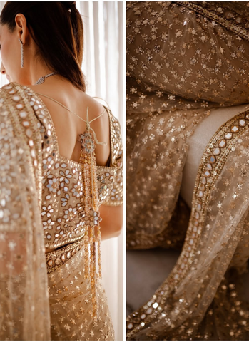 Bespoke Elegance: Customized Bareeze Net Saree by REDWED