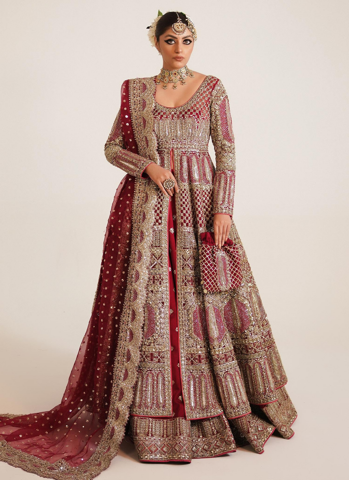 Berry Red Bridal Ensemble: Exquisite Organza Gown with Stain Lehenga and Embellished Dupatta