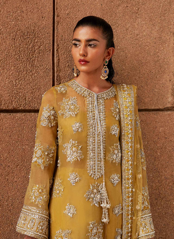 "Pastel Lime Yellow Cross-Stitch Floral Motif Ensemble with Velvet Palazzos and Embellished Net Dupatta"