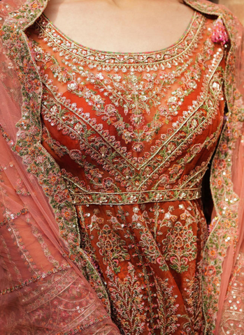 "Delicate Floral Rust Pishwas Ensemble with Screen Printed Sharara and Pink Scalloped Net Dupatta"