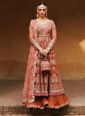 "Delicate Floral Rust Pishwas Ensemble with Screen Printed Sharara and Pink Scalloped Net Dupatta"