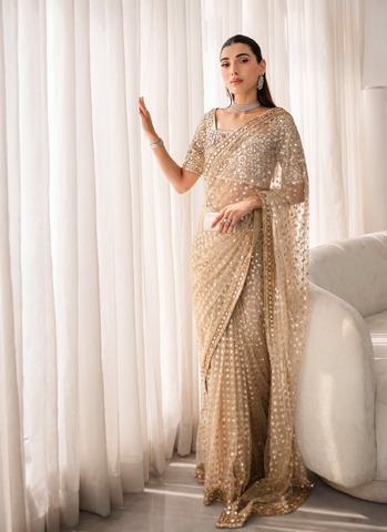 Bespoke Elegance: Customized Bareeze Net Saree by REDWED