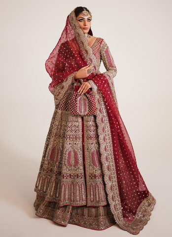 Berry Red Bridal Ensemble: Exquisite Organza Gown with Stain Lehenga and Embellished Dupatta