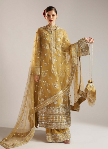 "Pastel Lime Yellow Cross-Stitch Floral Motif Ensemble with Velvet Palazzos and Embellished Net Dupatta"